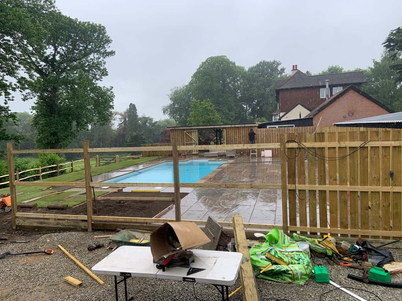 This is a photo of a bespoke fence being installed around a swimming pool