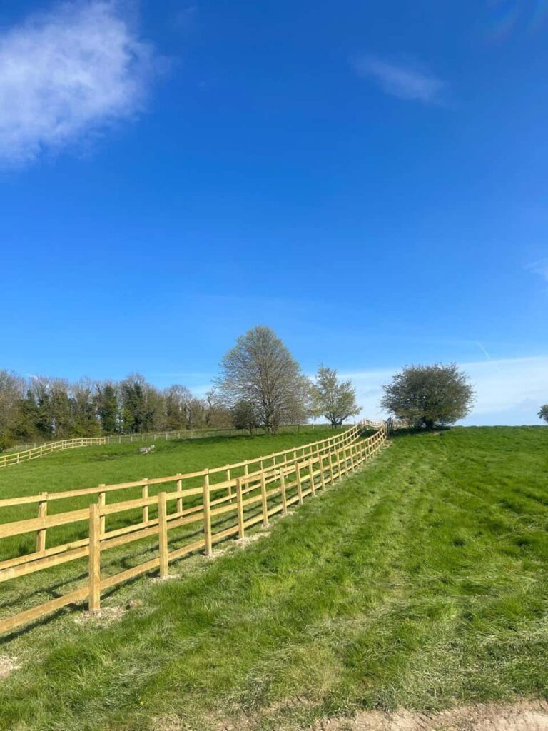 This is a photo of parallel post and rail fencing installed approximately 2 metres apart separating two areas of a field, creating a walk way. All works carried out by Fast Fix Fencing